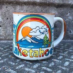 Vintage 1970s Lake Tahoe Rainbow Coffee Mug • Mountains Sunset • RTSI